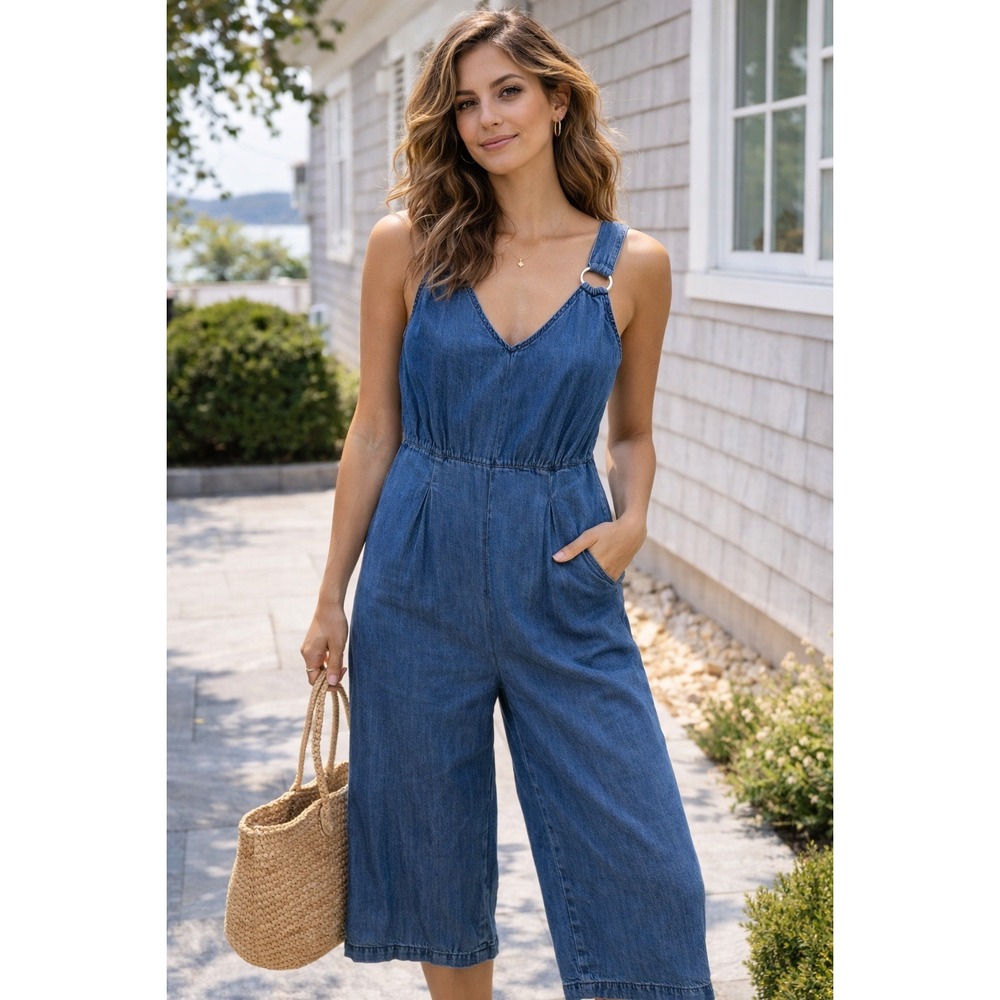 Planet Gold Womens Denim Jumpsuit Blue Cotton Wide Leg V-Neck O-Ring Medium
